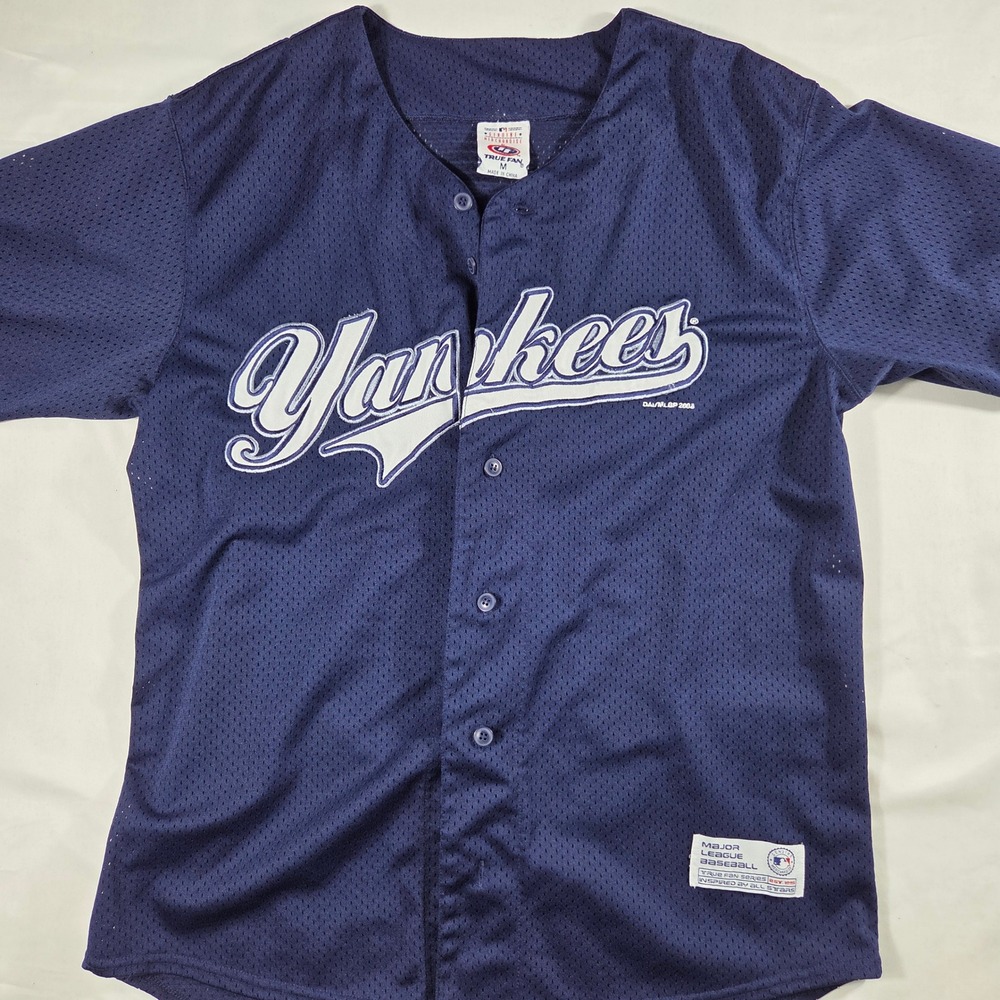 Vintage True Fan New York Yankees MLB Baseball Jersey Navy Blue Mesh Men Medium